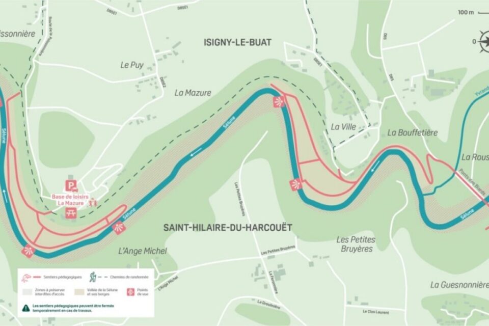 Tracé des sentiers pédagogiques ouverts dans la vallée de la Sélune depuis la suppression des barrages de Vezins et de La Roche-sui-Boit.